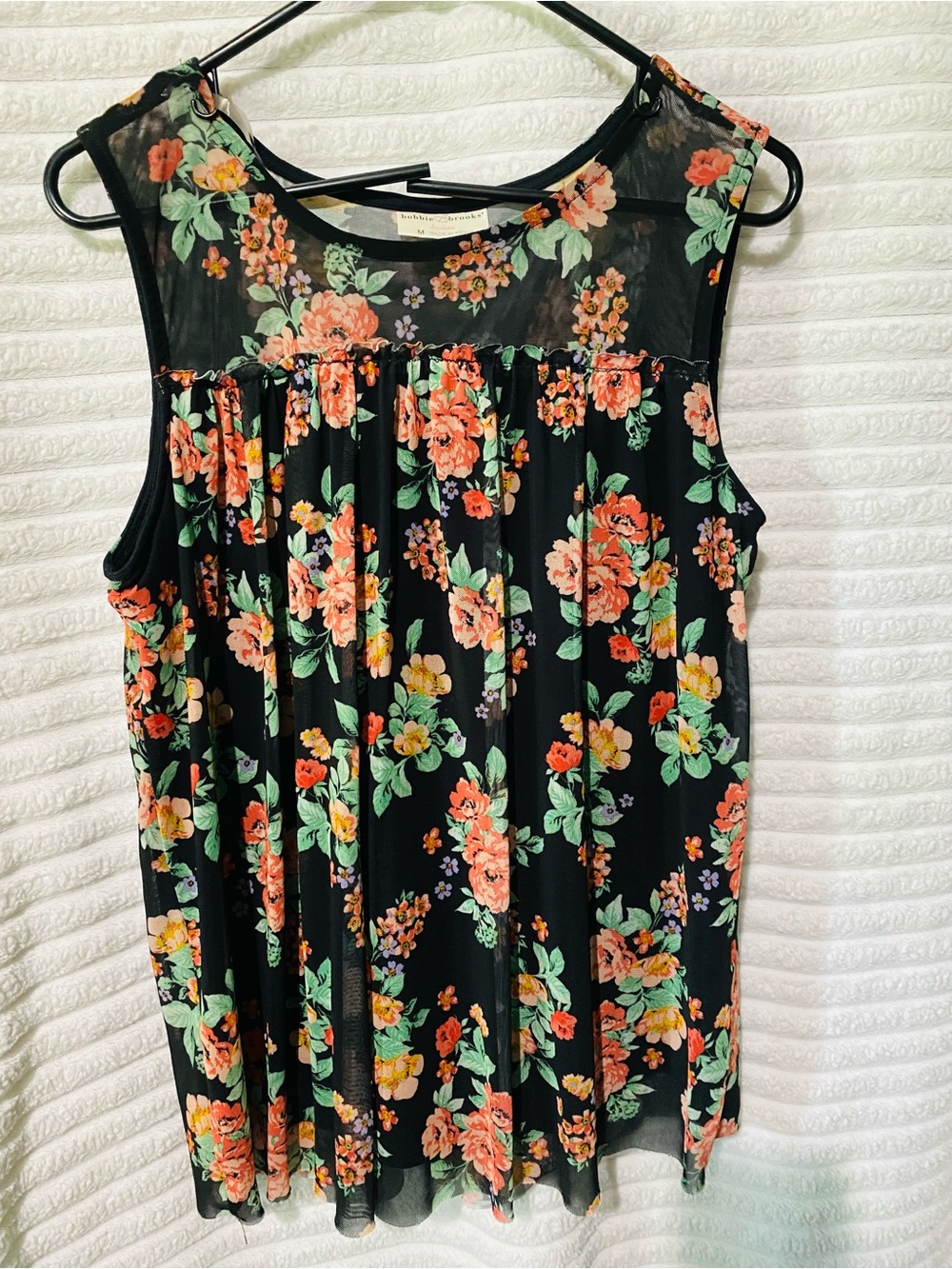 Bobbie Brooks Black Floral Mesh Yoke Sleeveless Top
